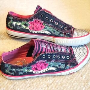 Skechers ED HARDY Women's Floral Denim Sneakers with Pink and Silver Details